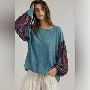 Free People Blossom Oversized Thermal Teal Waffle Knit Boho Dolman Top M